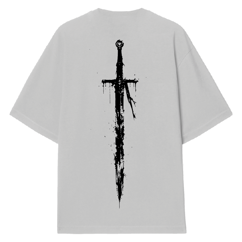 Oversized T-Shirt grau mit Schwert Rücken-Print – FALL Collection Michael Bobinger